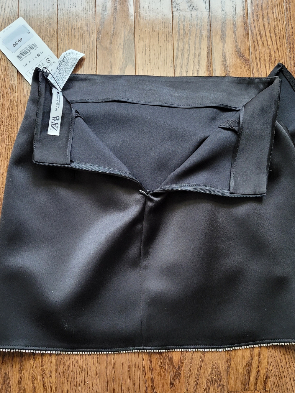 Zara Black Satin Mini Skirt with Draped Twist and Crystal Trim - Picture 8 of 11